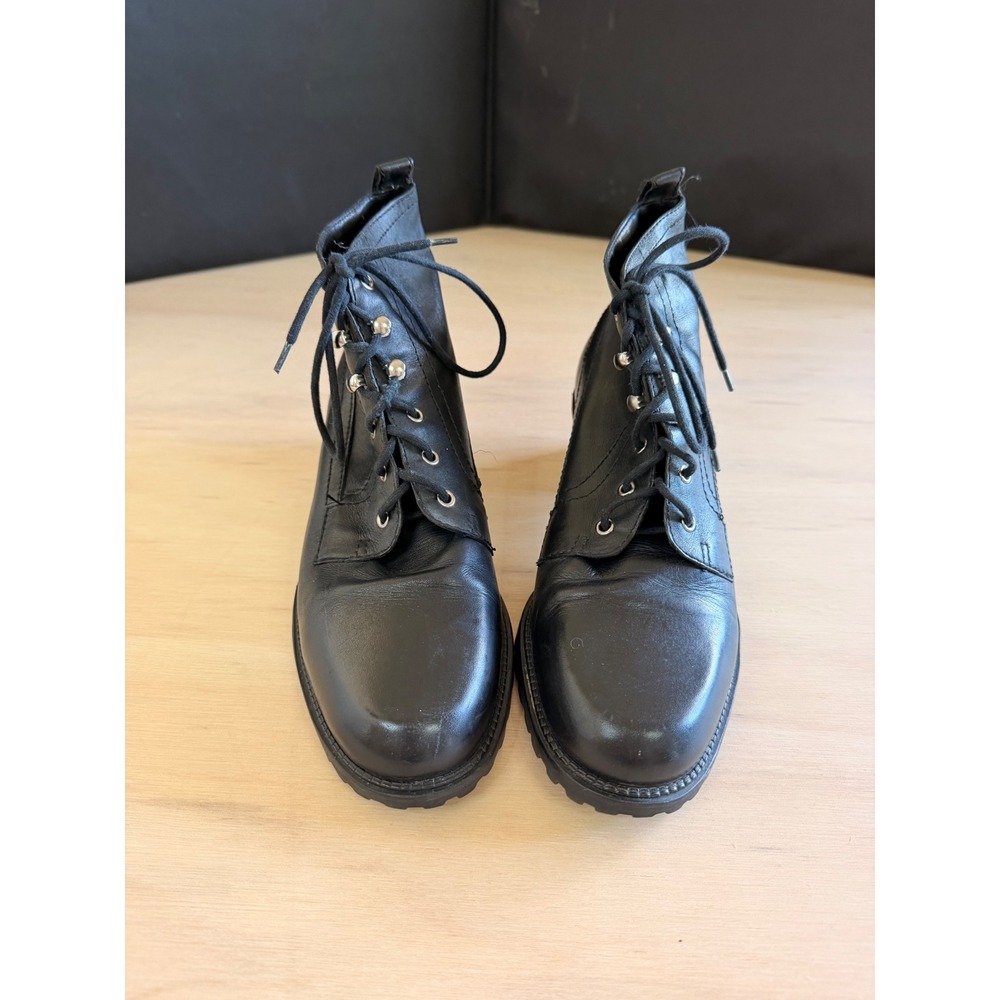 Valerie Stevens Womens Black Leather Lace Up Block Heel Lug Sole Boots Size 8M